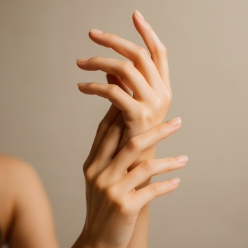 Primer plano de manos femeninas desnudas, posadas con elegancia sobre una superficie oscura.