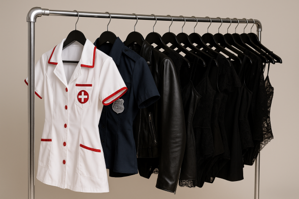 Mujer vestida con un disfraz fetichista estilizado, sin mostrar el rostro, en un entorno oscuro.