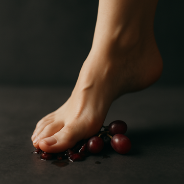 Pie descalzo de una mujer dominante aplastando fruta como parte de una práctica fetichista.