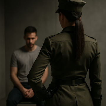 Mujer de espaldas vestida con uniforme militar, enfrentando a un hombre sentado, en una escena de interrogatorio con tensión de poder implícita.