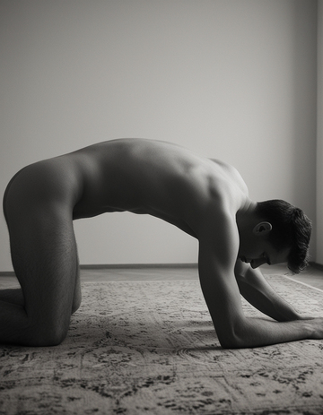 Hombre en posición sumisa sobre una alfombra, arrodillado e inmóvil, en actitud de obediencia y control dentro de una dinámica BDSM.