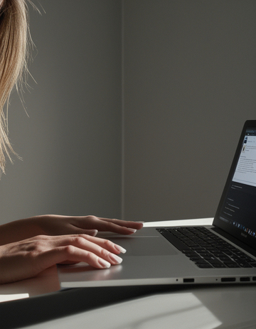 Manos femeninas con uñas cuidadas sobre el teclado de un portátil, leyendo un correo anónimo de chantaje en una habitación en penumbra. La escena transmite tensión, secreto y dominación psicológica.