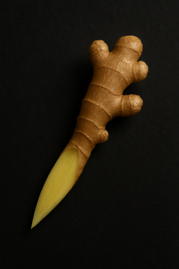 Jengibre tallado en forma de supositorio sobre una mesa, preparado como castigo en una sesión BDSM