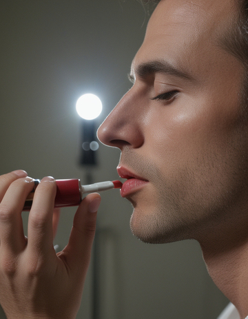 Primer plano de un hombre aplicándose pintalabios rojo, centrado en sus labios y su mano, simbolizando la transformación y la expresión de género.