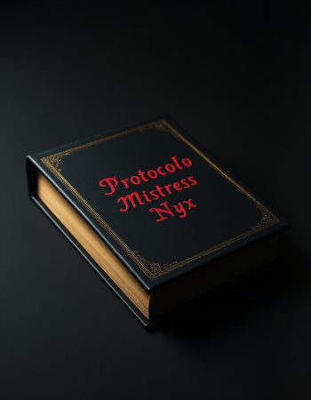 Libro negro titulado 'Protocolo Nyx' con letras rojas y doradas, apoyado sobre una superficie oscura