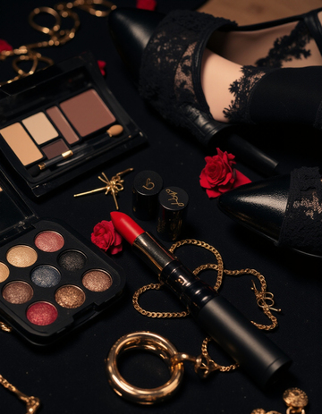 Bodegón elegante con maquillaje, lencería de encaje y tacones, símbolos clásicos de la feminización sissy.