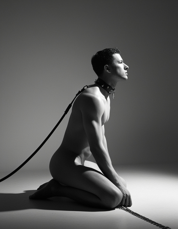 Hombre en postura sumisa con collar y cadena, en un entorno minimalista de BDSM.