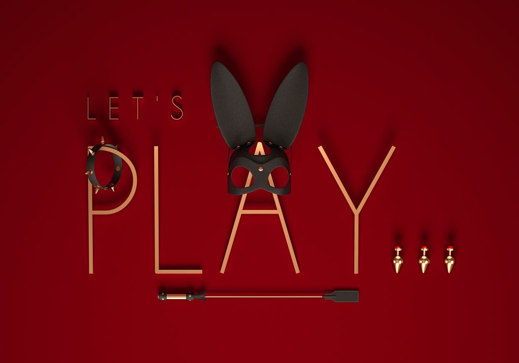 Creative illustration with BDSM elements: a rabbit mask, a leather whip and a collar with spikes.